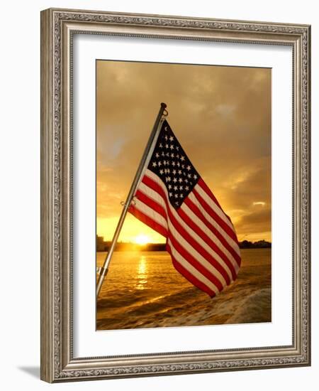 A Flag Waves Over Pearl Harbor as Dawn Breaks-null-Framed Photographic Print