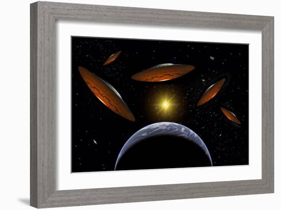 A Fleet of Flying Saucers Arriving at Earth in Preparation of an Attack Against Humanity-null-Framed Art Print