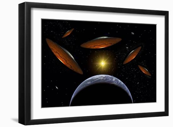 A Fleet of Flying Saucers Arriving at Earth in Preparation of an Attack Against Humanity-null-Framed Art Print