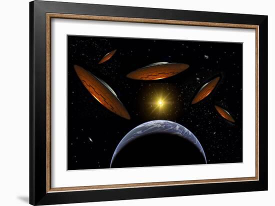 A Fleet of Flying Saucers Arriving at Earth in Preparation of an Attack Against Humanity-null-Framed Art Print