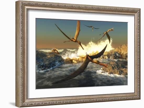 A Flock of Anhanguera Pterosaurs Catch Fish Off a Rocky Coast-Stocktrek Images-Framed Premium Giclee Print