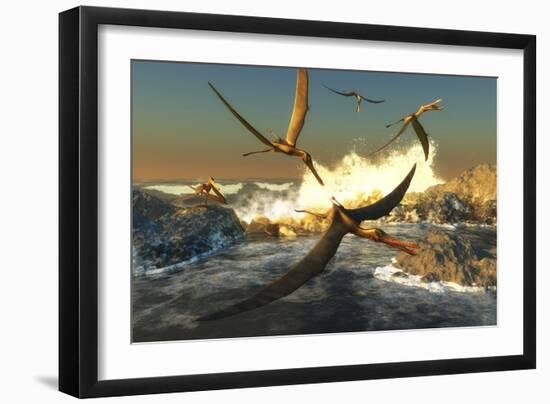 A Flock of Anhanguera Pterosaurs Catch Fish Off a Rocky Coast-Stocktrek Images-Framed Art Print