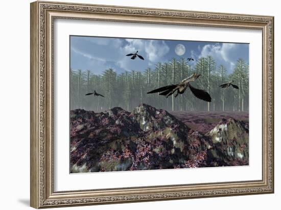 A Flock of Archaeopteryx Flying Above a Jurassic Landscape-Stocktrek Images-Framed Art Print