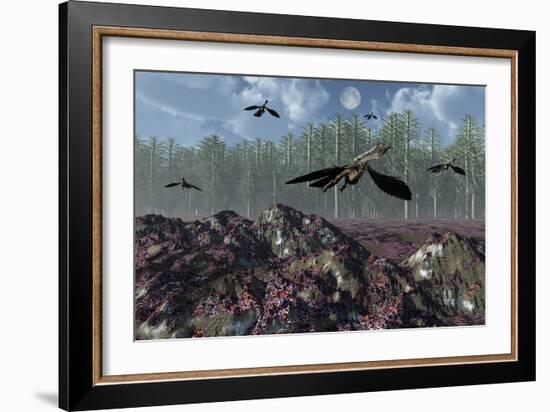 A Flock of Archaeopteryx Flying Above a Jurassic Landscape-Stocktrek Images-Framed Art Print