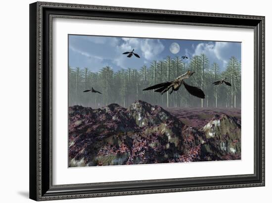 A Flock of Archaeopteryx Flying Above a Jurassic Landscape-Stocktrek Images-Framed Art Print