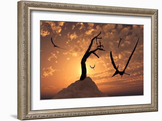 A Flock of Pteranodons Flying on a Cretaceous Night-null-Framed Art Print