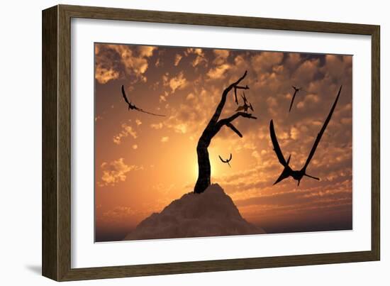 A Flock of Pteranodons Flying on a Cretaceous Night-null-Framed Premium Giclee Print