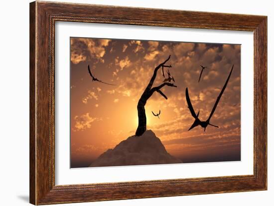 A Flock of Pteranodons Flying on a Cretaceous Night-null-Framed Premium Giclee Print