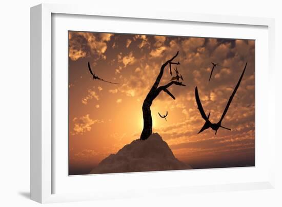 A Flock of Pteranodons Flying on a Cretaceous Night-null-Framed Premium Giclee Print