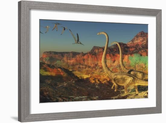 A Flock of Pterosaurs Fly Past Two Omeisaurus Dinosaurs-Stocktrek Images-Framed Art Print