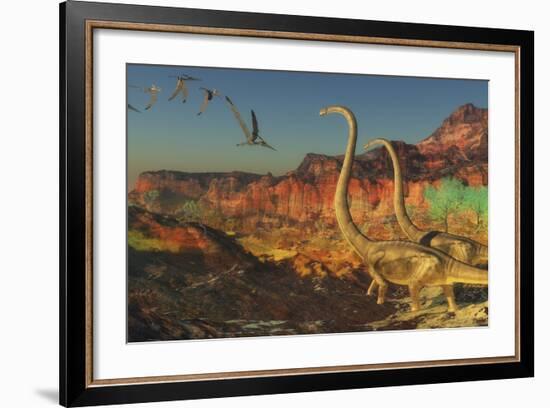 A Flock of Pterosaurs Fly Past Two Omeisaurus Dinosaurs-Stocktrek Images-Framed Art Print