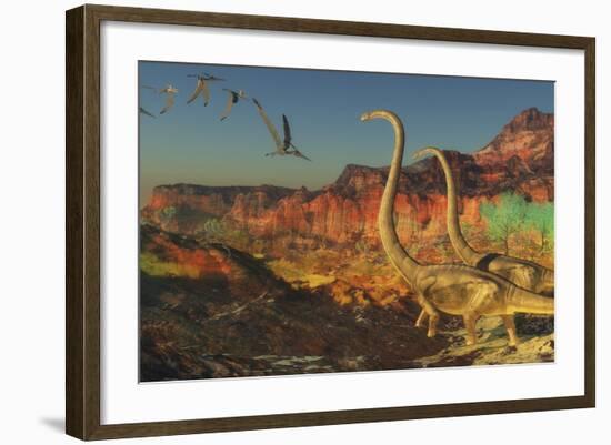 A Flock of Pterosaurs Fly Past Two Omeisaurus Dinosaurs-Stocktrek Images-Framed Art Print