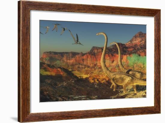 A Flock of Pterosaurs Fly Past Two Omeisaurus Dinosaurs-Stocktrek Images-Framed Art Print