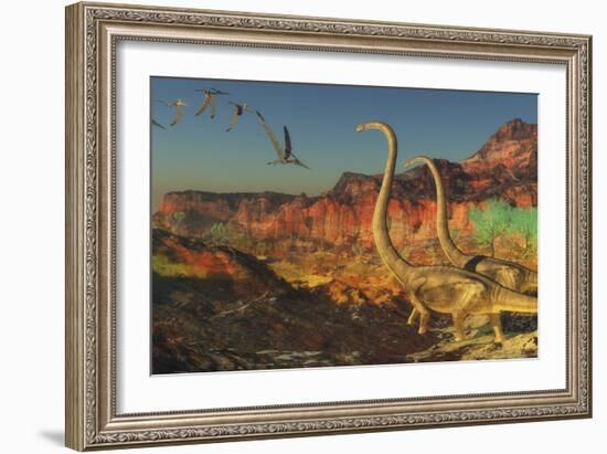 A Flock of Pterosaurs Fly Past Two Omeisaurus Dinosaurs-Stocktrek Images-Framed Art Print