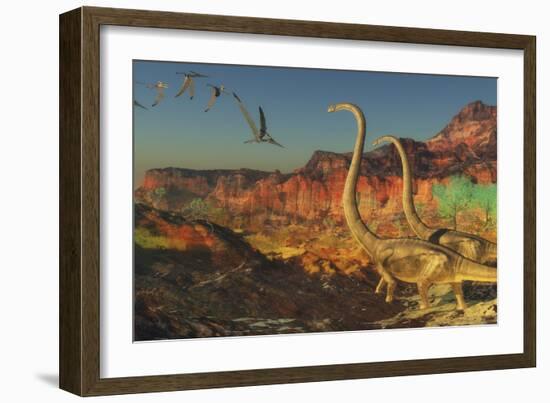 A Flock of Pterosaurs Fly Past Two Omeisaurus Dinosaurs-Stocktrek Images-Framed Art Print