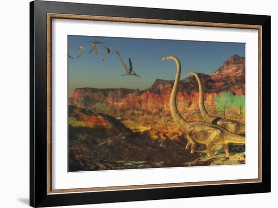 A Flock of Pterosaurs Fly Past Two Omeisaurus Dinosaurs-Stocktrek Images-Framed Art Print