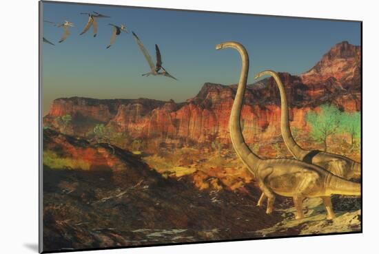A Flock of Pterosaurs Fly Past Two Omeisaurus Dinosaurs-Stocktrek Images-Mounted Art Print
