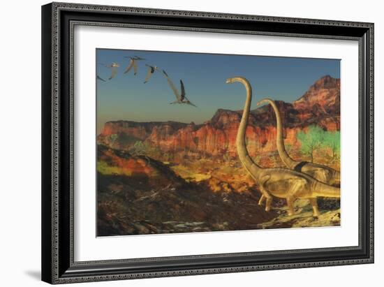 A Flock of Pterosaurs Fly Past Two Omeisaurus Dinosaurs-Stocktrek Images-Framed Art Print