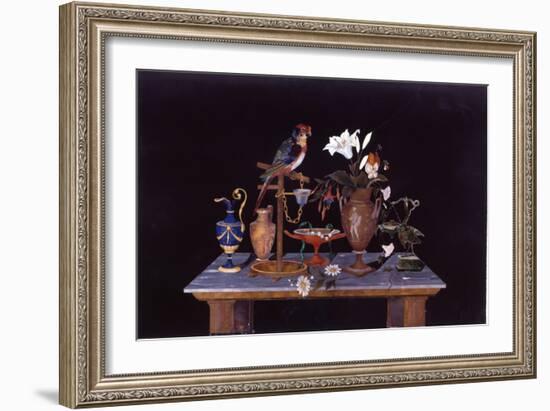 A Florentine Pietra Dura Plaque with a Parrot on its Perch on a Table with an Etruscan Krater Vase-null-Framed Giclee Print