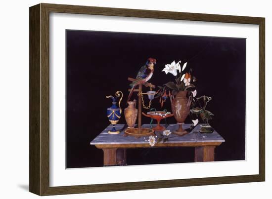 A Florentine Pietra Dura Plaque with a Parrot on its Perch on a Table with an Etruscan Krater Vase-null-Framed Giclee Print