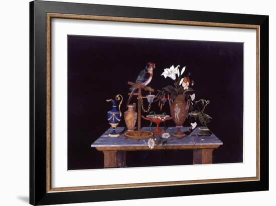 A Florentine Pietra Dura Plaque with a Parrot on its Perch on a Table with an Etruscan Krater Vase-null-Framed Giclee Print