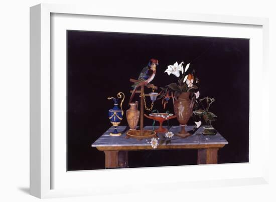 A Florentine Pietra Dura Plaque with a Parrot on its Perch on a Table with an Etruscan Krater Vase-null-Framed Giclee Print