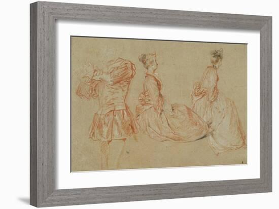 A Flutist, Two Women, Red Chalk, White Wash-Jean Antoine Watteau-Framed Giclee Print