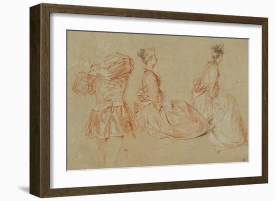 A Flutist, Two Women, Red Chalk, White Wash-Jean Antoine Watteau-Framed Giclee Print