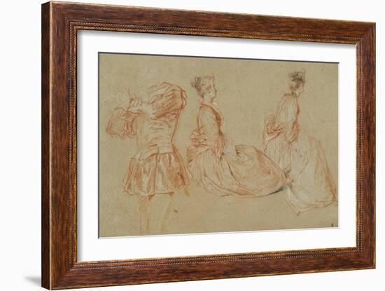 A Flutist, Two Women, Red Chalk, White Wash-Jean Antoine Watteau-Framed Giclee Print