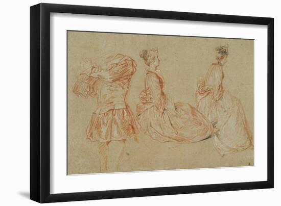 A Flutist, Two Women, Red Chalk, White Wash-Jean Antoine Watteau-Framed Giclee Print