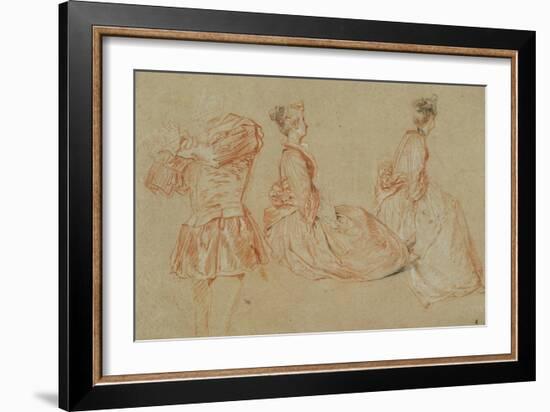 A Flutist, Two Women, Red Chalk, White Wash-Jean Antoine Watteau-Framed Giclee Print