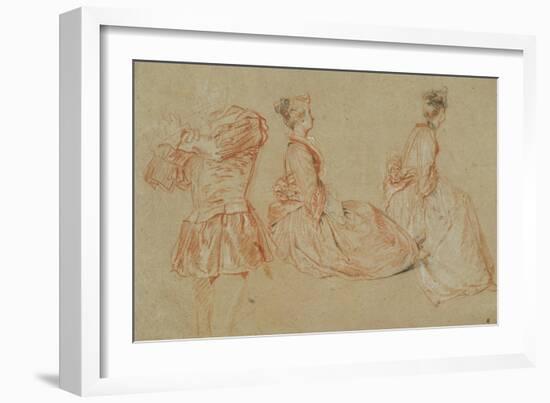 A Flutist, Two Women, Red Chalk, White Wash-Jean Antoine Watteau-Framed Giclee Print