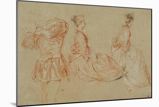 A Flutist, Two Women, Red Chalk, White Wash-Jean Antoine Watteau-Mounted Giclee Print