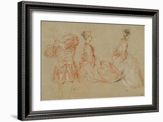 A Flutist, Two Women, Red Chalk, White Wash-Jean Antoine Watteau-Framed Giclee Print