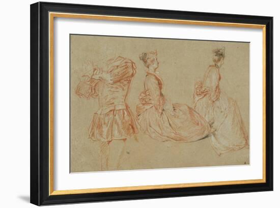 A Flutist, Two Women, Red Chalk, White Wash-Jean Antoine Watteau-Framed Giclee Print