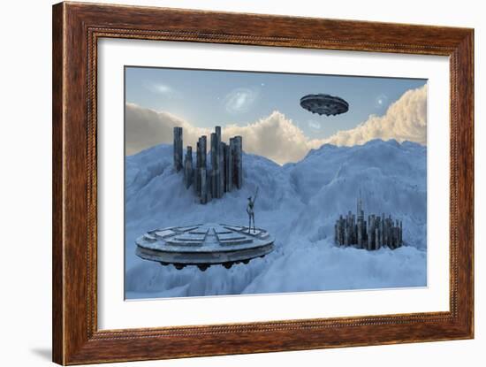 A Flying Saucer Returns to its Home Base High Up in the Mountains-null-Framed Art Print