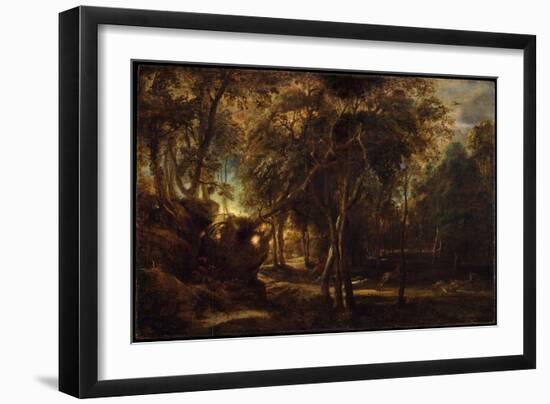 A Forest at Dawn with a Deer Hunt, C.1635 (Oil on Wood)-Peter Paul Rubens-Framed Giclee Print