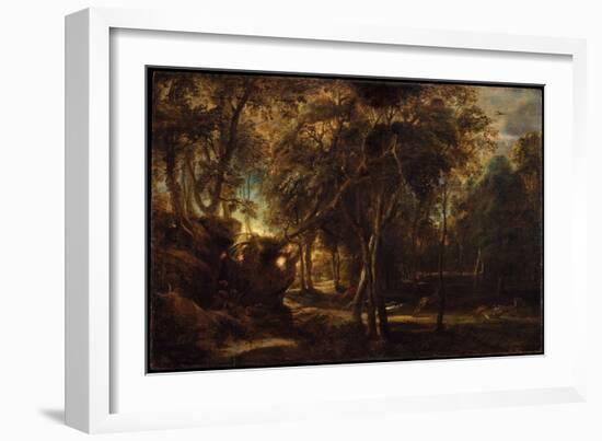 A Forest at Dawn with a Deer Hunt, C.1635 (Oil on Wood)-Peter Paul Rubens-Framed Giclee Print