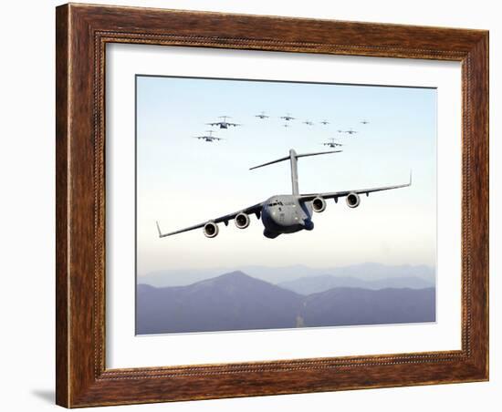A Formation of 17 C-17 Globemaster IIIs Fly Over the Blue Ridge Mountains-Stocktrek Images-Framed Photographic Print