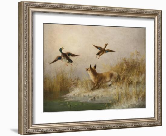 A Fox flushing a Mallard and a Duck, 1870 oil on board-null-Framed Giclee Print