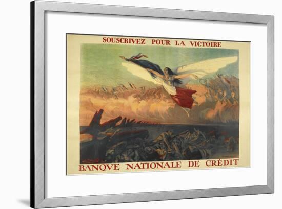 A French Propaganda Poster Showing a Woman Flying in the Air, Holding a Tricolor.-null-Framed Giclee Print