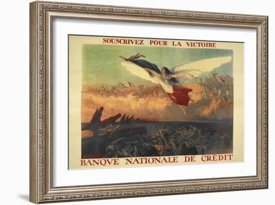 A French Propaganda Poster Showing a Woman Flying in the Air, Holding a Tricolor.-null-Framed Giclee Print