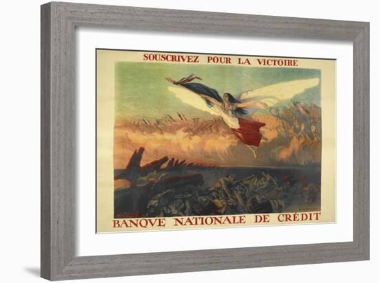 A French Propaganda Poster Showing a Woman Flying in the Air, Holding a Tricolor.-null-Framed Giclee Print