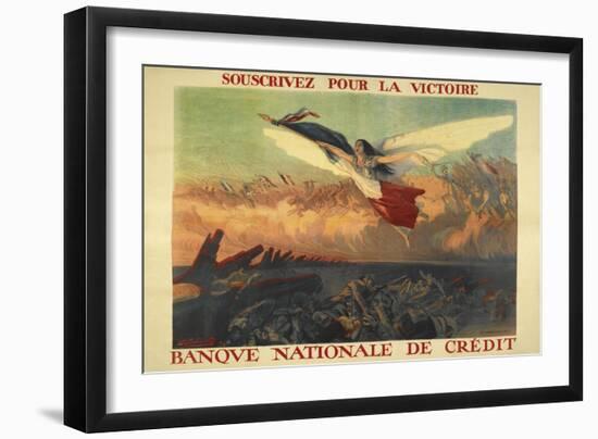 A French Propaganda Poster Showing a Woman Flying in the Air, Holding a Tricolor.-null-Framed Giclee Print