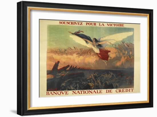 A French Propaganda Poster Showing a Woman Flying in the Air, Holding a Tricolor.-null-Framed Giclee Print