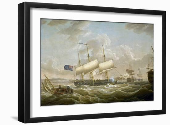 A Frigate Anchored in the Mersey (River in the North West of England). Fort Perch Rock is Visible O-Robert Salmon-Framed Giclee Print