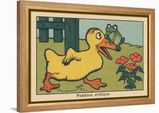 A Frog Balances on a Duck's Beak.” Critical Position” ,1936 (Illustration)-Benjamin Rabier-Framed Premier Image Canvas