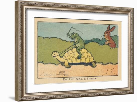 A Frog Sitting on the Back of a Turtle Whips it up to Make it Move Faster.” from 120 Cm to an Hour.-Benjamin Rabier-Framed Giclee Print