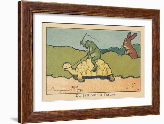 A Frog Sitting on the Back of a Turtle Whips it up to Make it Move Faster.” from 120 Cm to an Hour.-Benjamin Rabier-Framed Giclee Print