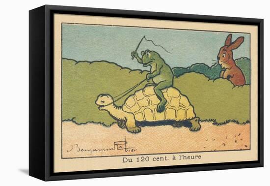 A Frog Sitting on the Back of a Turtle Whips it up to Make it Move Faster.” from 120 Cm to an Hour.-Benjamin Rabier-Framed Premier Image Canvas